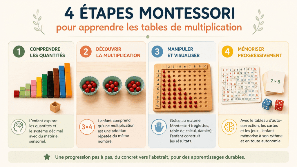 Les 4 étapes Montessori pour apprendre les tables de multiplication