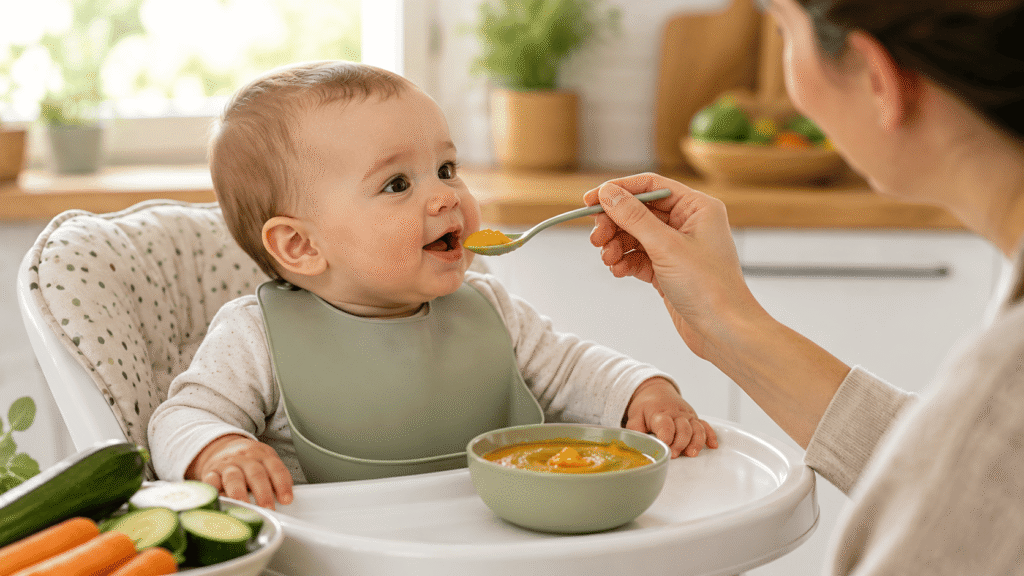 Les premières purées marquent le début de la diversification alimentaire entre 4 et 6 mois.