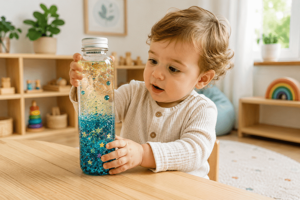 bébé jouant avec une bouteille sensorielle