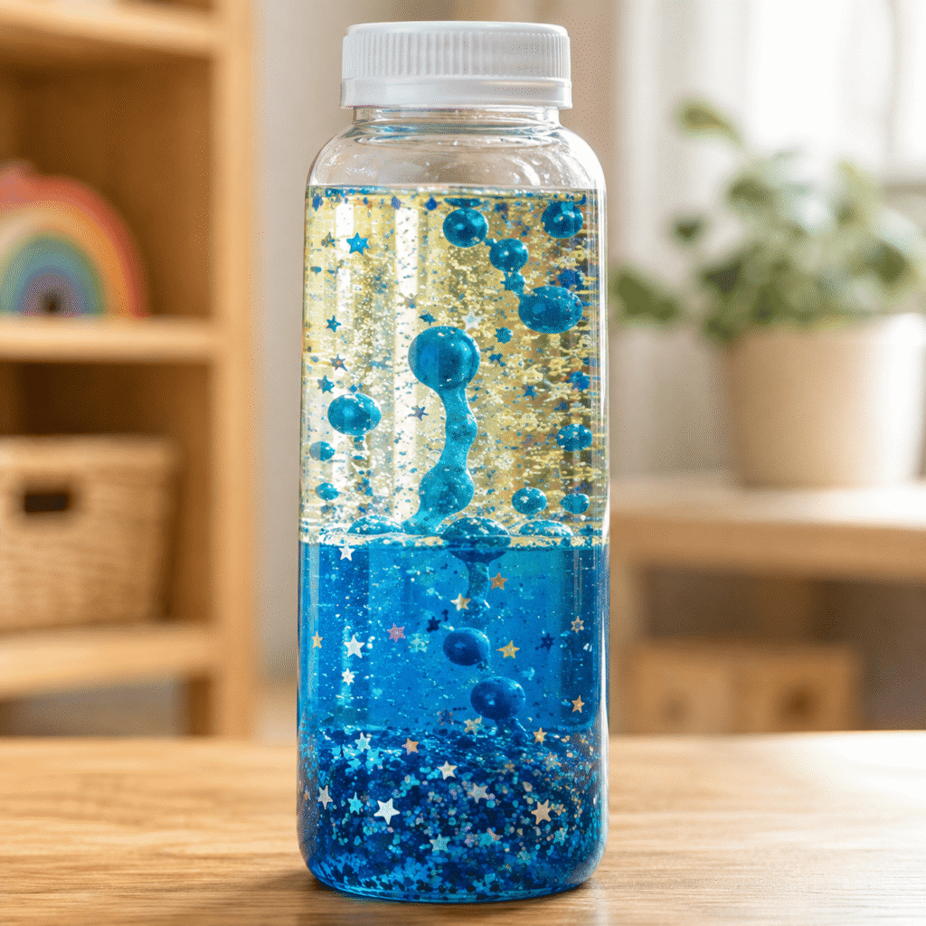 Une bouteille avec eau colorée, huile et paillettes créant un effet visuel fascinant.