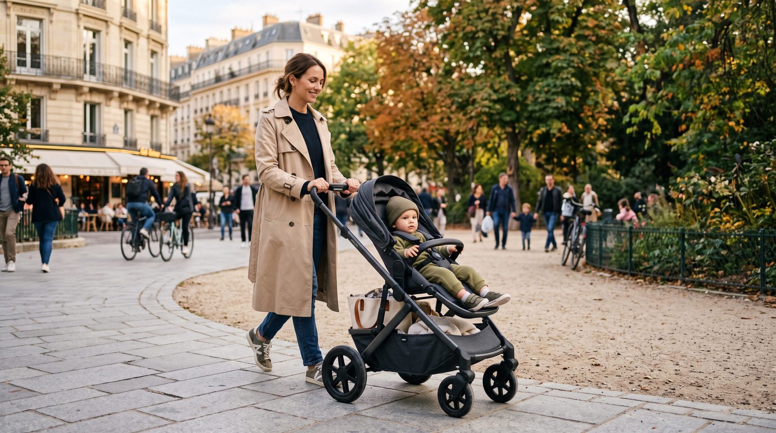 Jeune parent choisissant sa poussette et son équipement bébé, illustration du simulateur de budget naissance Mon Ptit Hêtre