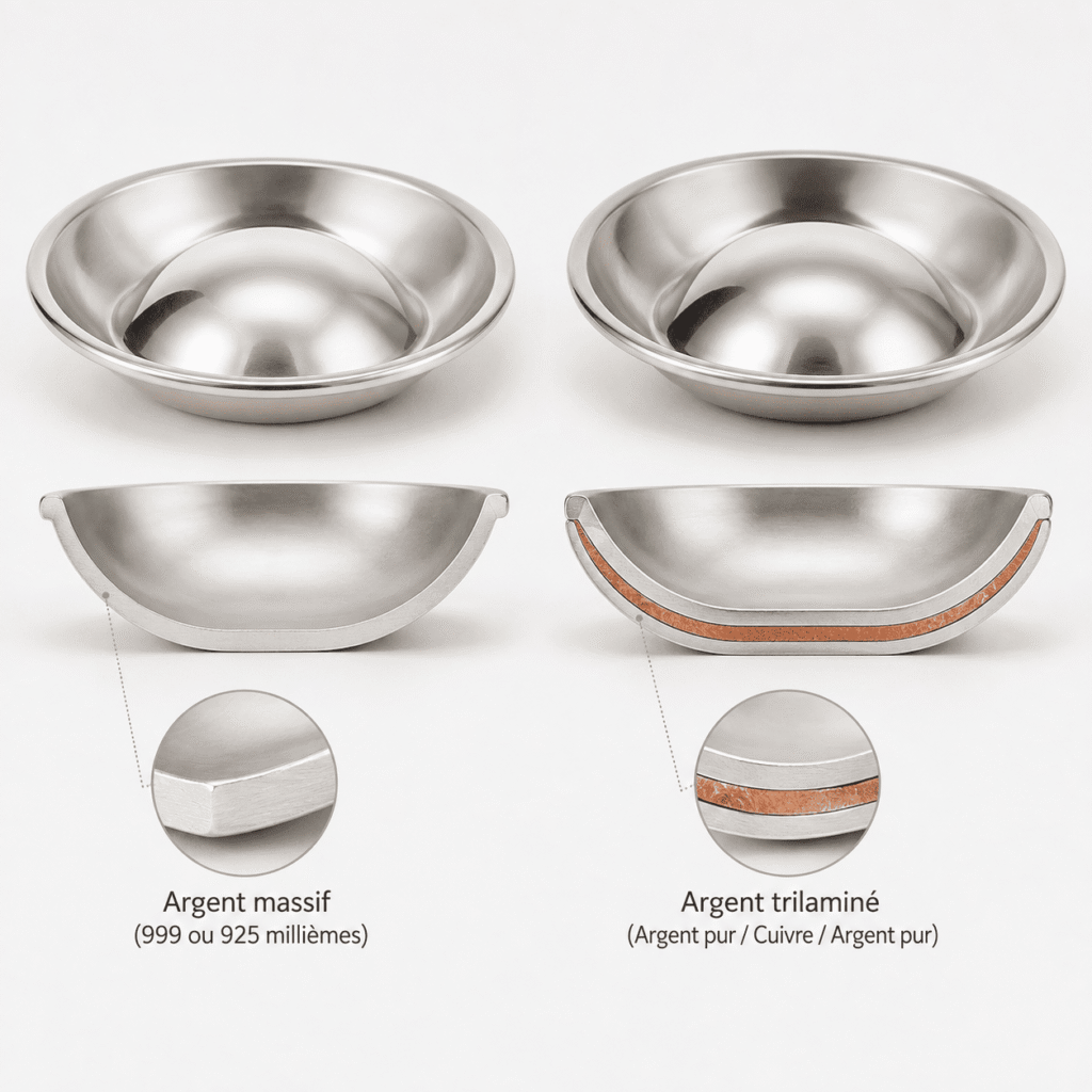 Comparaison entre une coupelle d'allaitement en argent massif et une version trilaminée.