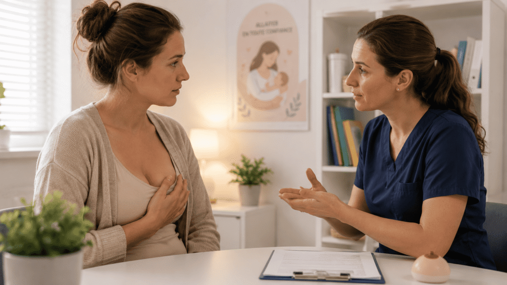 Consultation avec une sage-femme en cas de crevasses pendant l'allaitement.