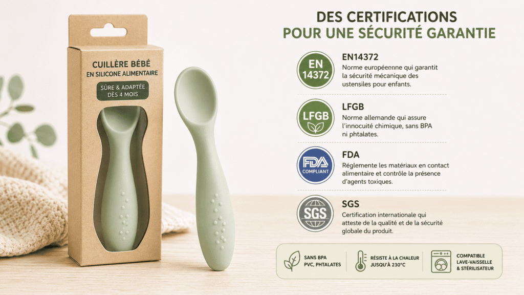 Photo d'une cuillère silicone avec son emballage mettant en avant les certifications de sécurité.