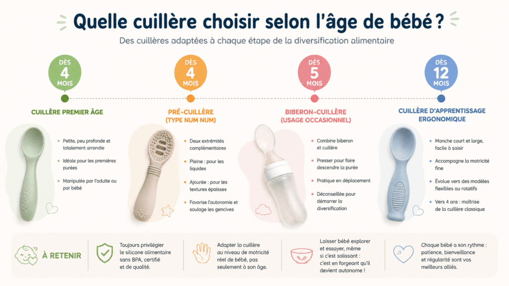 Infographie montrant quelle cuillère utiliser selon l'âge de bébé