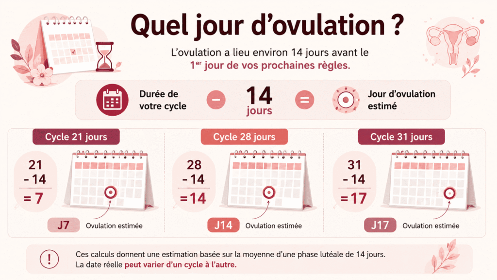 jour d’ovulation estimé selon un cycle de 21, 28 ou 31 jours