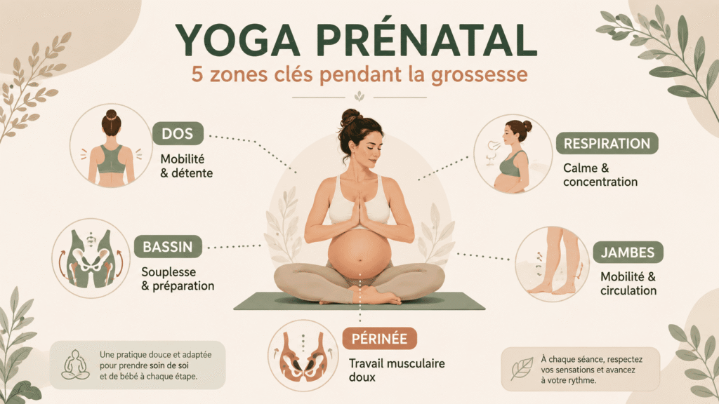 Dos, bassin, périnée, respiration et jambes font partie des principaux axes travaillés lors d'une séance de yoga prénatal.