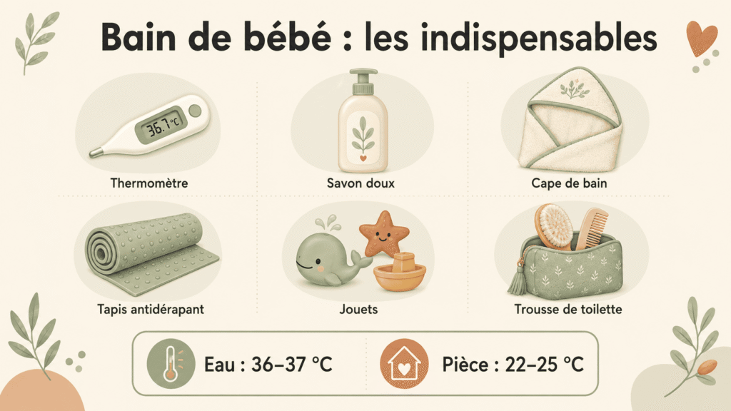 Infographie des six indispensables pour préparer le bain de bébé