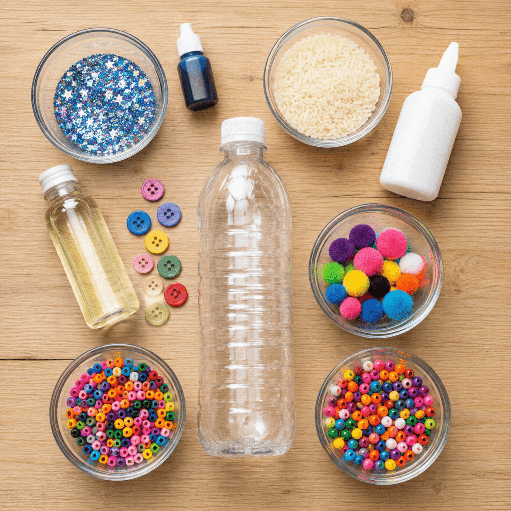 Matériel nécessaire pour fabriquer une bouteille sensorielle Montessori.