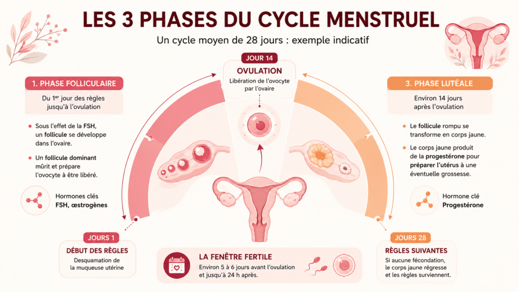 Le cycle menstruel comprend une phase folliculaire, l’ovulation puis une phase lutéale.