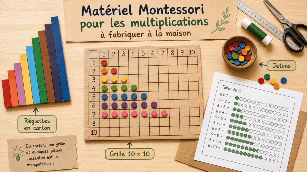 matériel de multiplication Montessori réalisable à la maison avec du carton, des jetons et une grille imprimée.