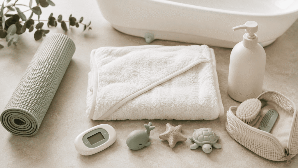 Matériel indispensable pour le bain de bébé avec thermomètre, cape de bain et savon doux