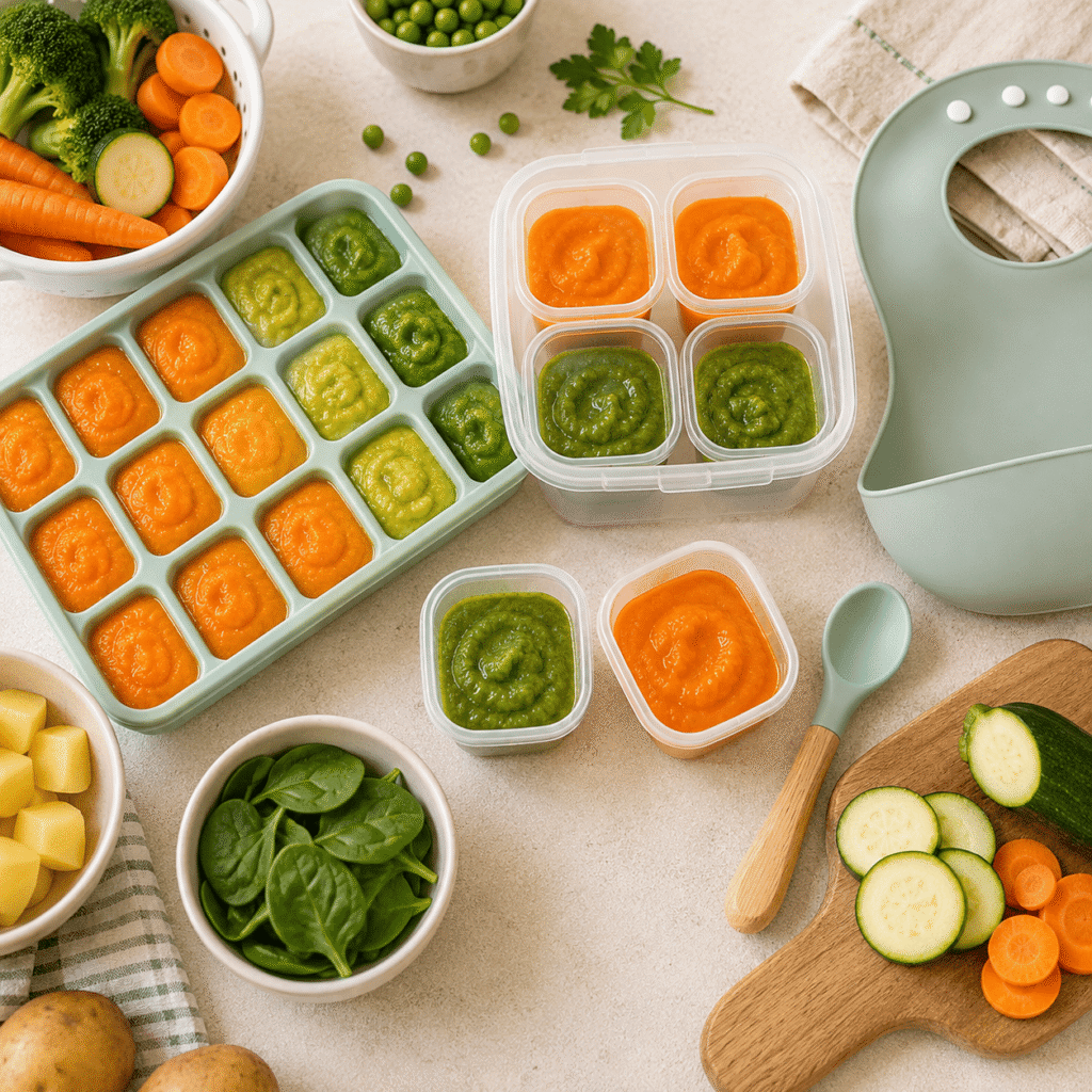 Portions individuelles de purées maison préparées pour faciliter les repas de bébé pendant la diversification.