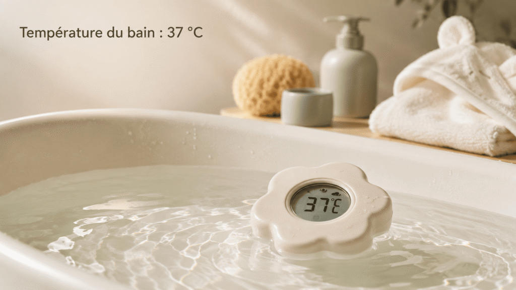 Thermomètre indiquant 37 degrés pour la température du bain de bébé