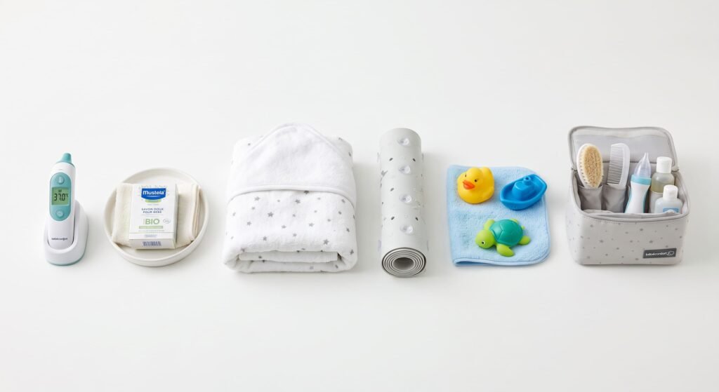 Thermomètre, savon doux, cape de bain, tapis antidérapant, jouets et trousse de toilette.