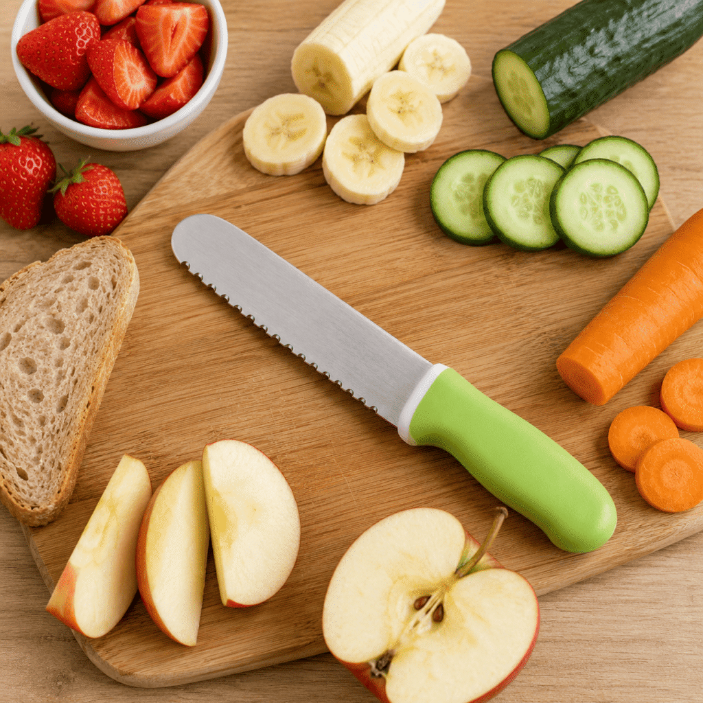 Différents aliments pouvant être découpés avec un couteau sécurisé pour enfant.
