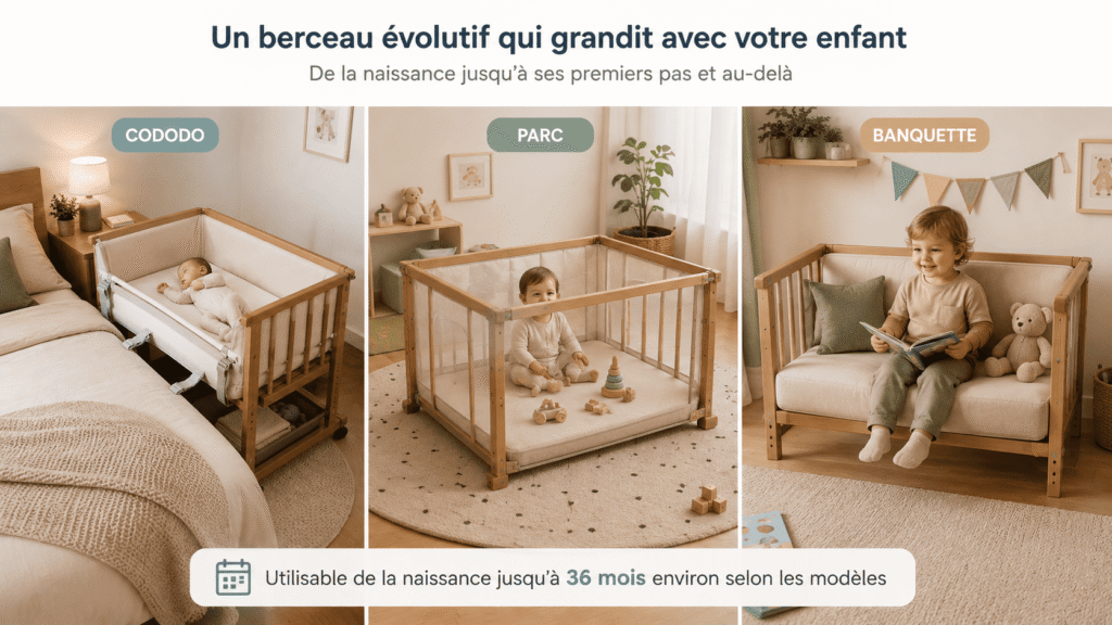 Transformation d'un berceau cododo évolutif en parc puis en banquette.