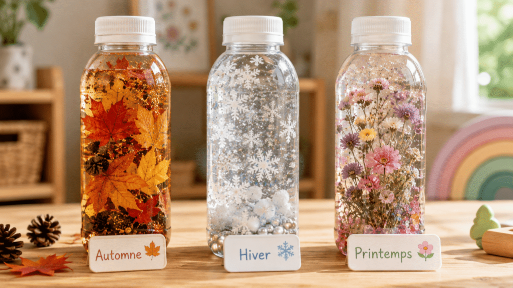 Présentation de trois bouteilles inspirées de l'automne, de l'hiver et du printemps.