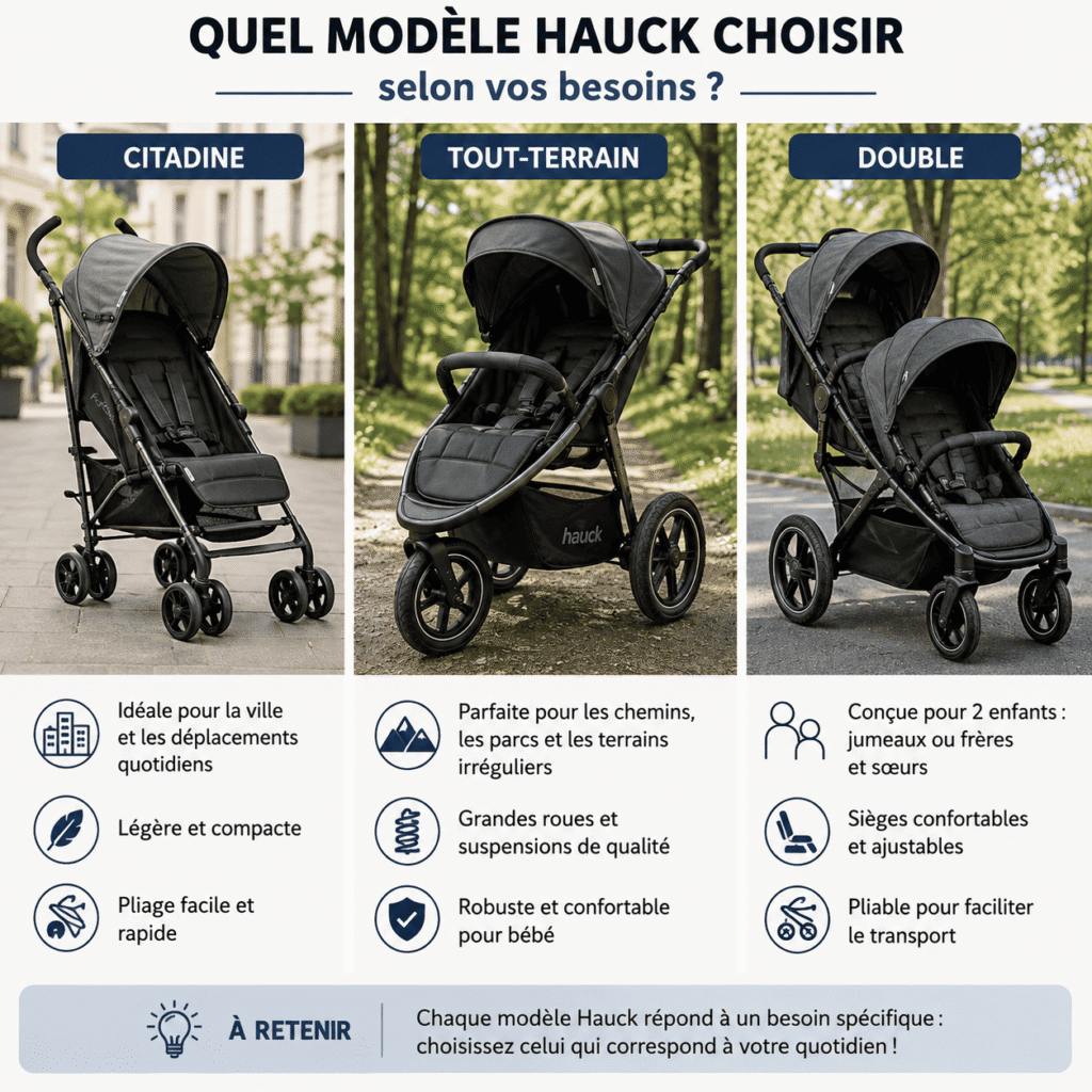 Comparatif visuel de différents modèles de poussettes Hauck.
