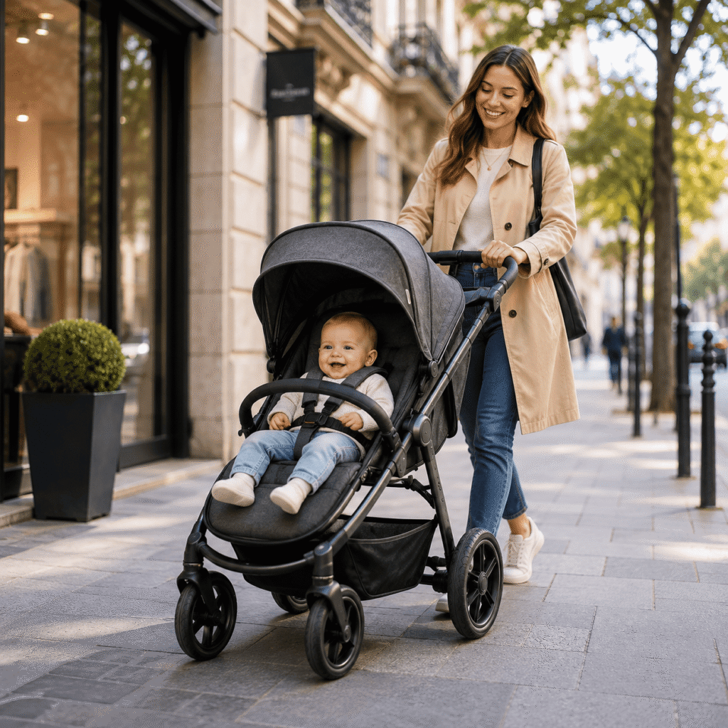 Parent utilisant une poussette Hauck en milieu urbain.