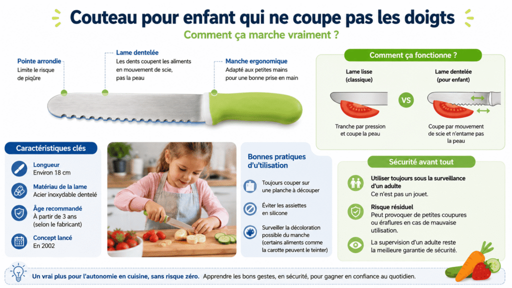 Infographie expliquant le fonctionnement d'un couteau sécurisé pour enfant.
