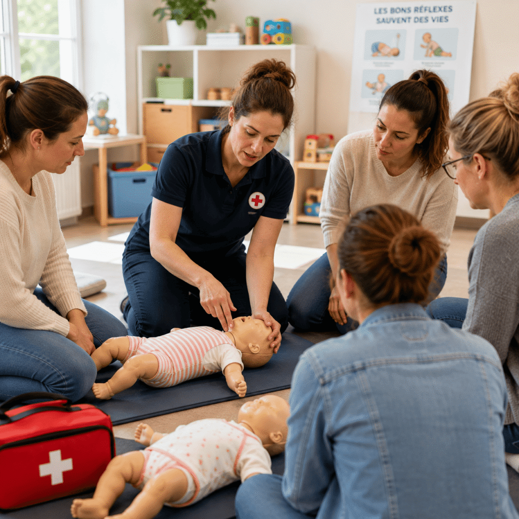Professionnels de la petite enfance suivant une formation premiers secours bébé.