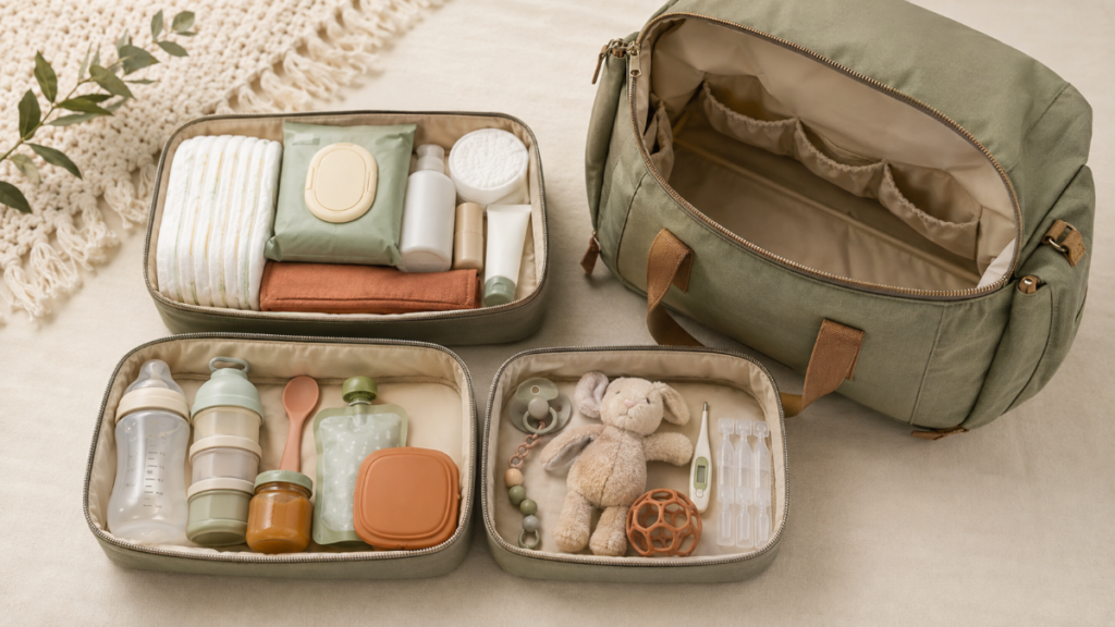 Organisation du sac à langer avec pochettes change repas et petits bobos