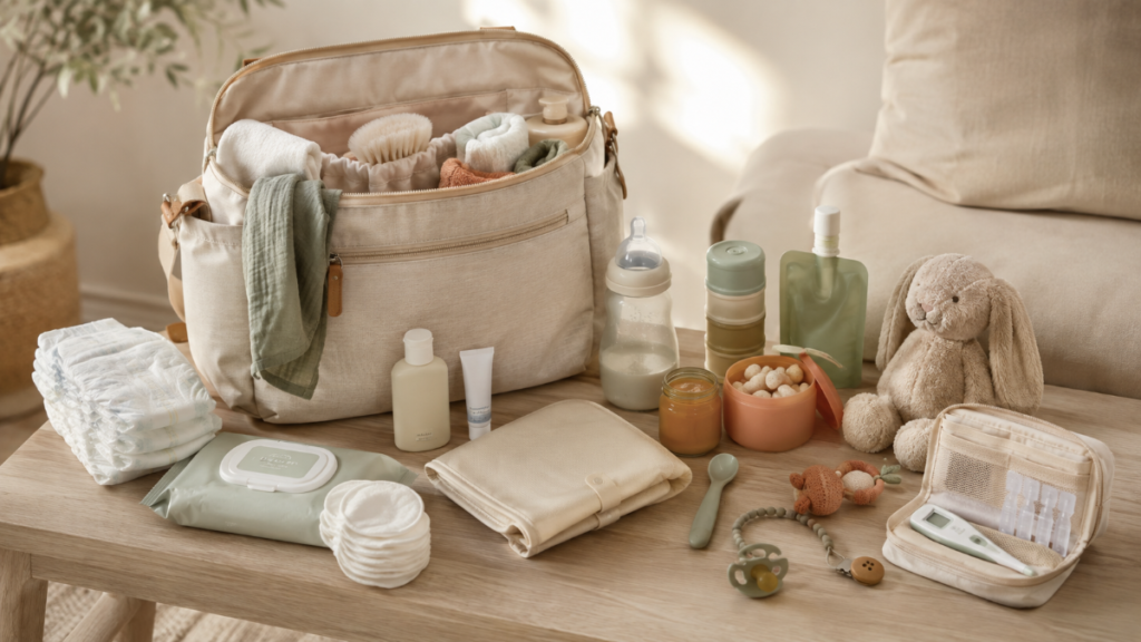Checklist sac à langer avant sortie avec couches, lingettes, biberon, doudou et trousse de secours
