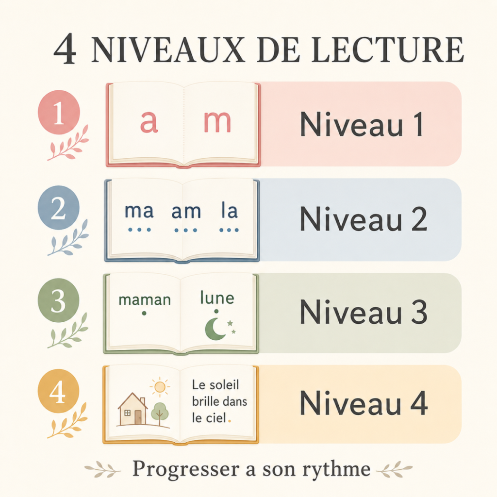 Infographie des 4 niveaux de Mes premières lectures Montessori