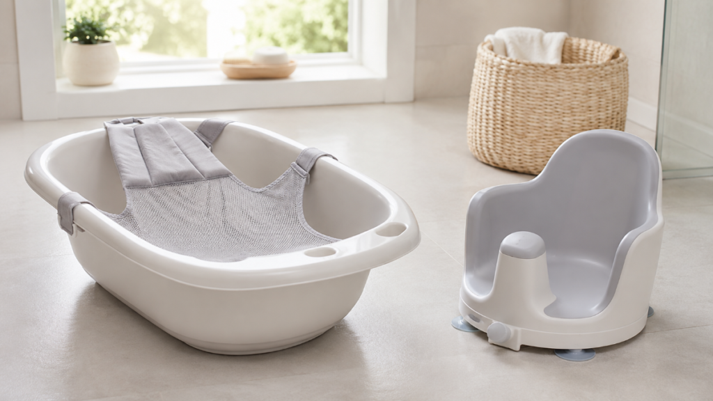 Baignoire bébé avec hamac de bain et siège de bain à ventouses, deux supports selon l'âge de bébé