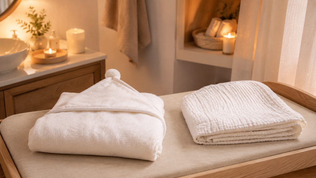 Cape de bain et lange en gaze de coton pour le bain enveloppé de bébé, ambiance douce et cocooning