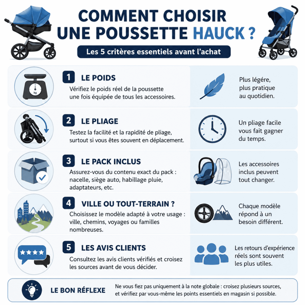 Infographie expliquant comment choisir une poussette Hauck.