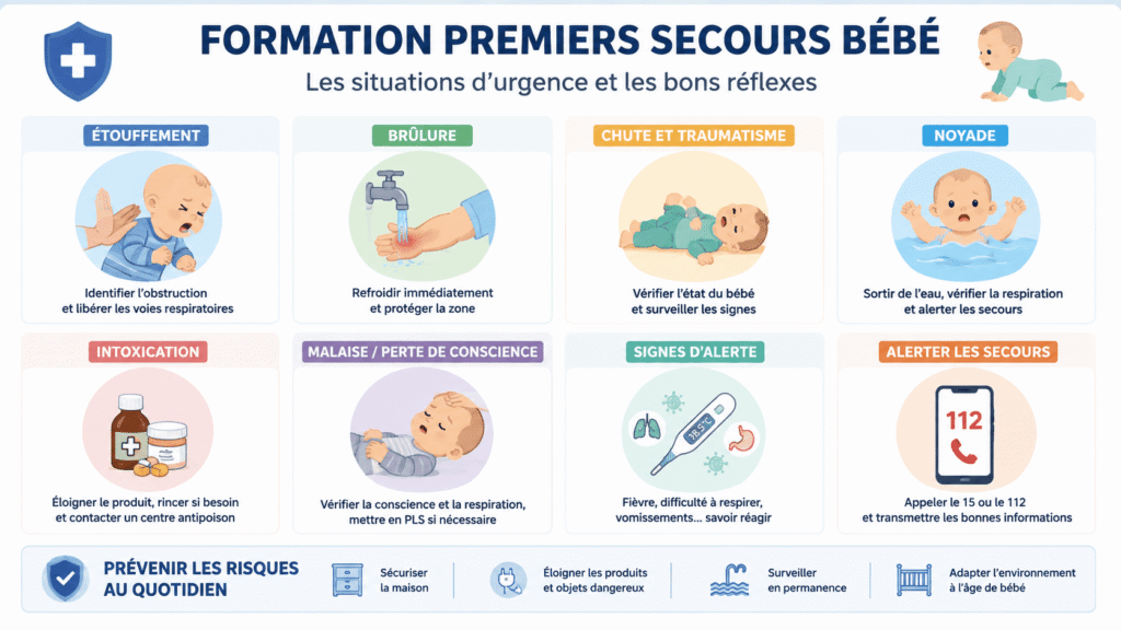 Infographie présentant les principaux thèmes d'une formation premiers secours bébé.
