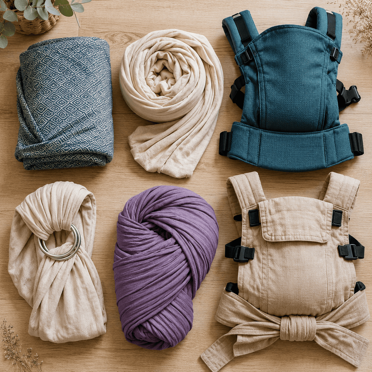 Différents moyens de portage de bébé : écharpe, porte-bébé et sling, illustration Mon Ptit Hêtre