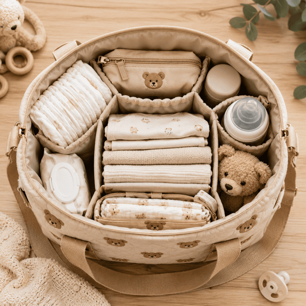 Compartiments d'un sac à langer ourson bien organisés.