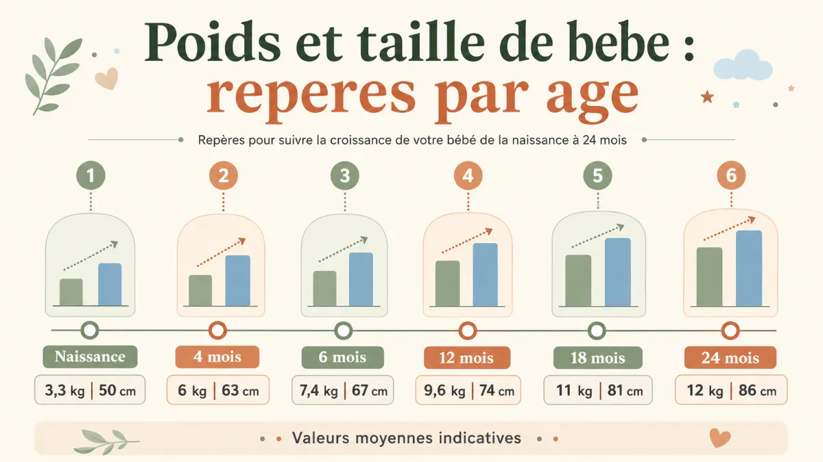 Tableau des tailles de vêtements de bébé selon l'âge et le poids, illustration Mon Ptit Hêtre