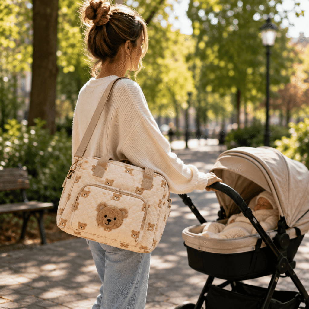 Parent transportant un sac à langer ourson lors d'une sortie avec bébé.