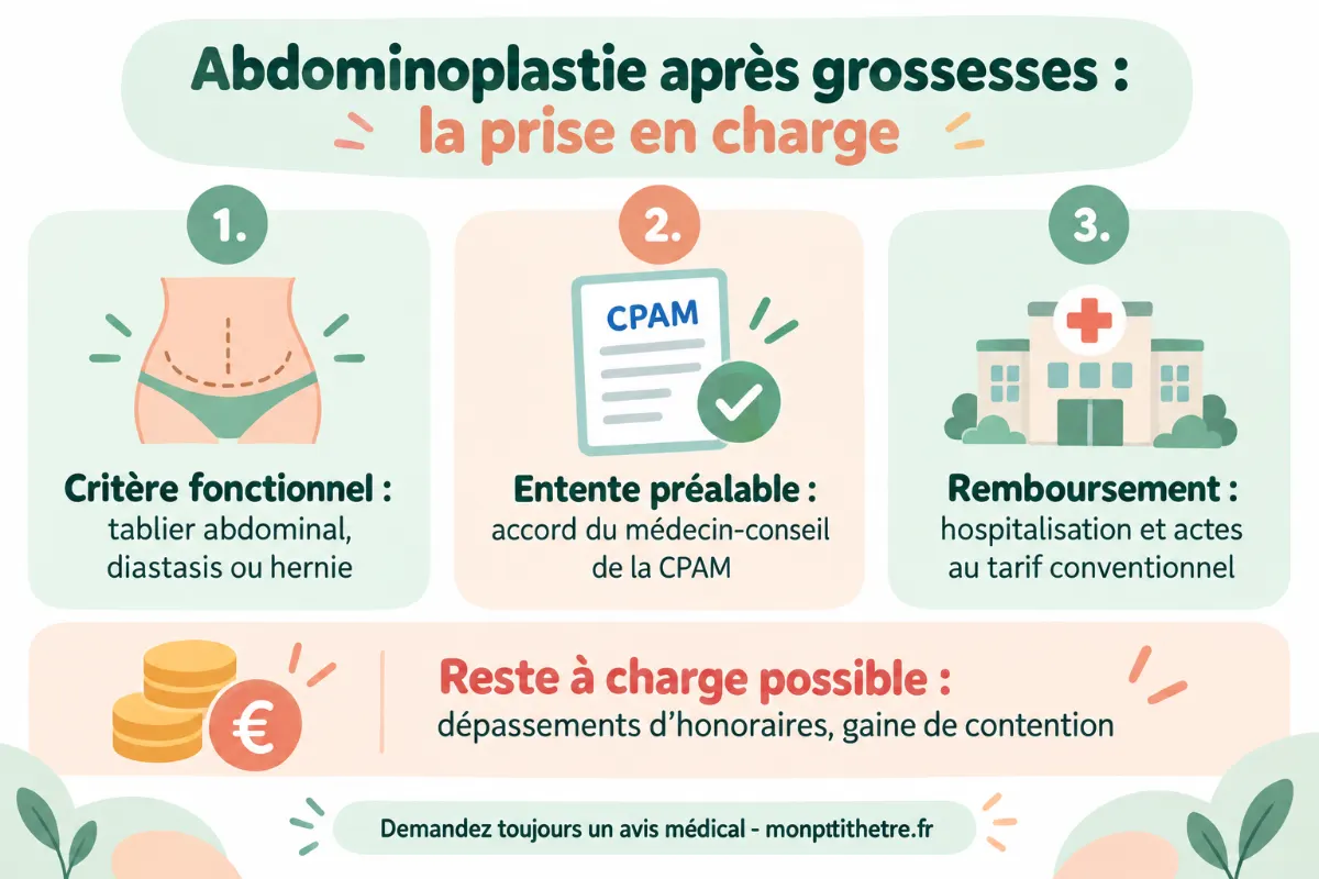 Infographie sur la prise en charge d’une abdominoplastie après grossesses : critère fonctionnel, entente préalable, remboursement et reste à charge