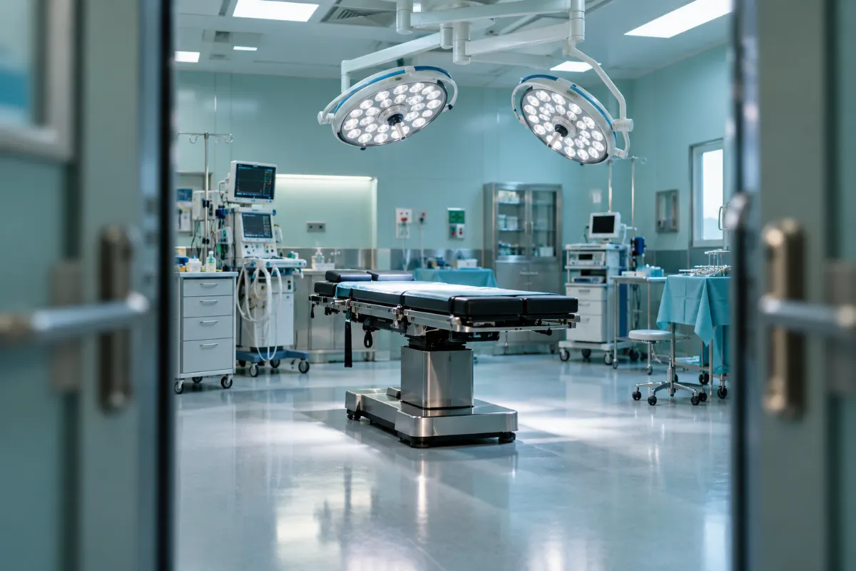 Bloc opératoire moderne et vide, lumière douce, pour illustrer le choix de la technique d’abdominoplastie