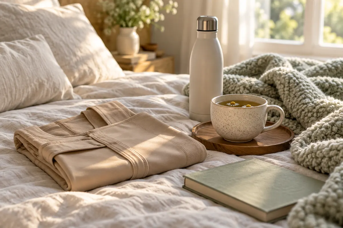 Gaine de contention, tisane et couverture posées sur un lit pour la récupération après une abdominoplastie