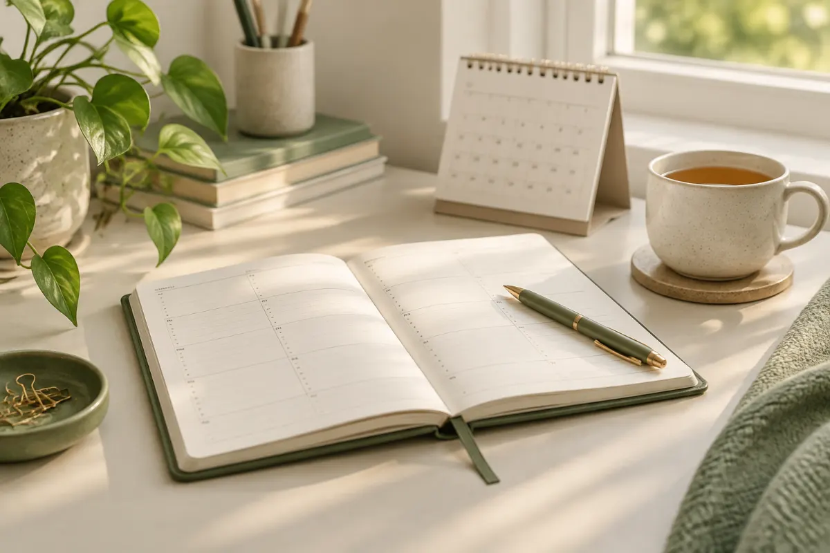Agenda de rendez-vous médicaux ouvert sur un bureau avec stylo, calendrier et tasse de thé