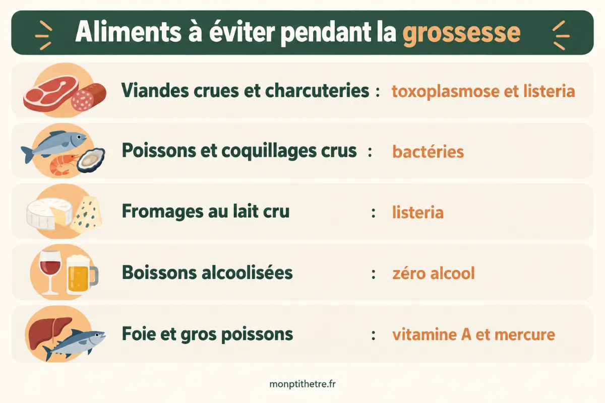 Infographie des aliments à éviter pendant la grossesse : viandes crues, poissons crus, fromages au lait cru, alcool, foie