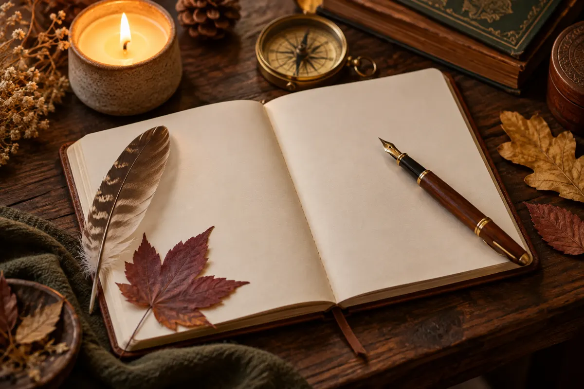 Carnet ouvert avec un stylo plume, une plume, des feuilles séchées et une bougie pour un rituel quotidien