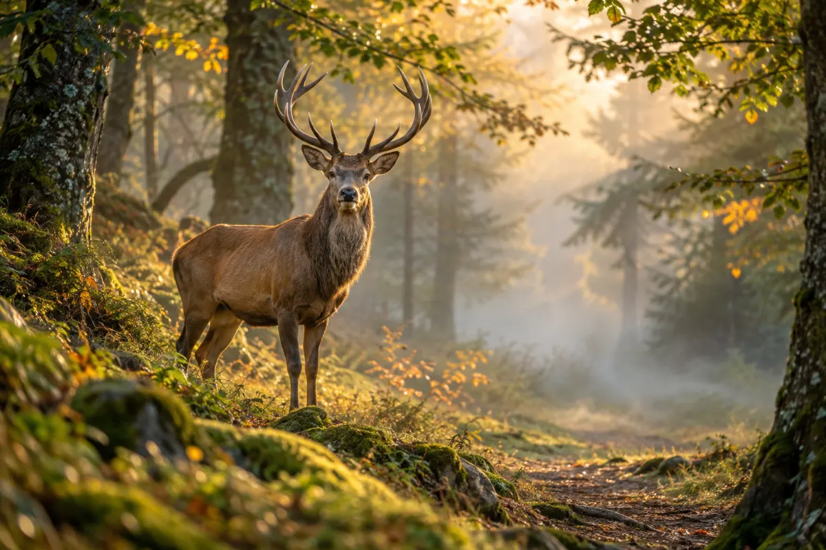 Cerf majestueux à l’orée d’un sentier de forêt dans la brume du matin