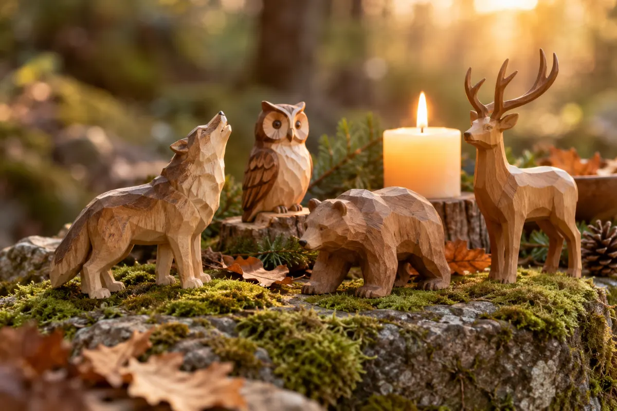 Figurines d’animaux en bois sculpté posées sur une pierre couverte de mousse à côté d’une bougie