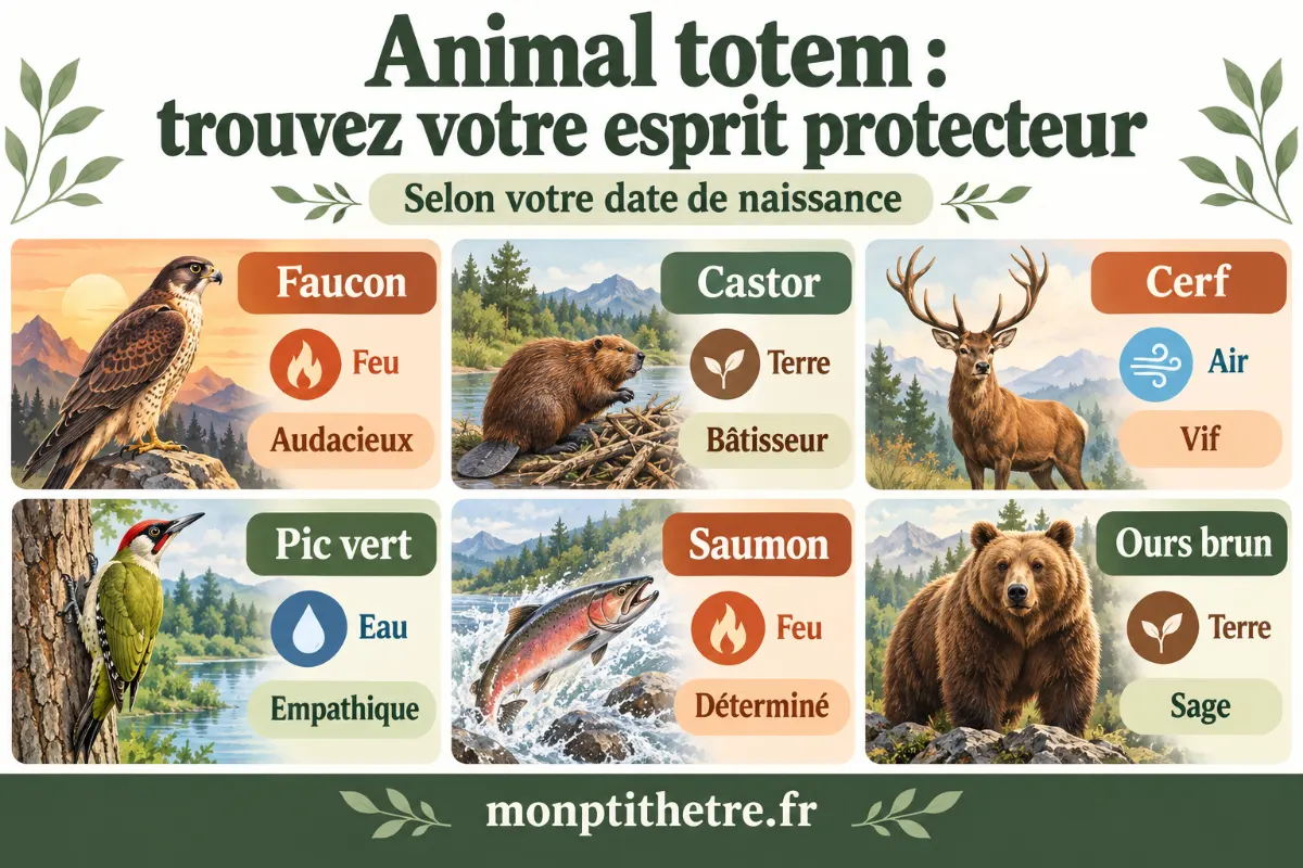 Infographie des animaux totems selon la date de naissance : Faucon, Castor, Cerf, Pic vert, Saumon et Ours brun avec leur élément et leur trait de caractère
