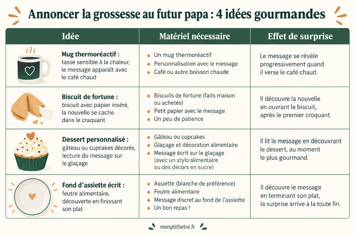 Infographie de quatre idées gourmandes pour annoncer la grossesse au futur papa : mug, biscuit de fortune, dessert et fond d’assiette