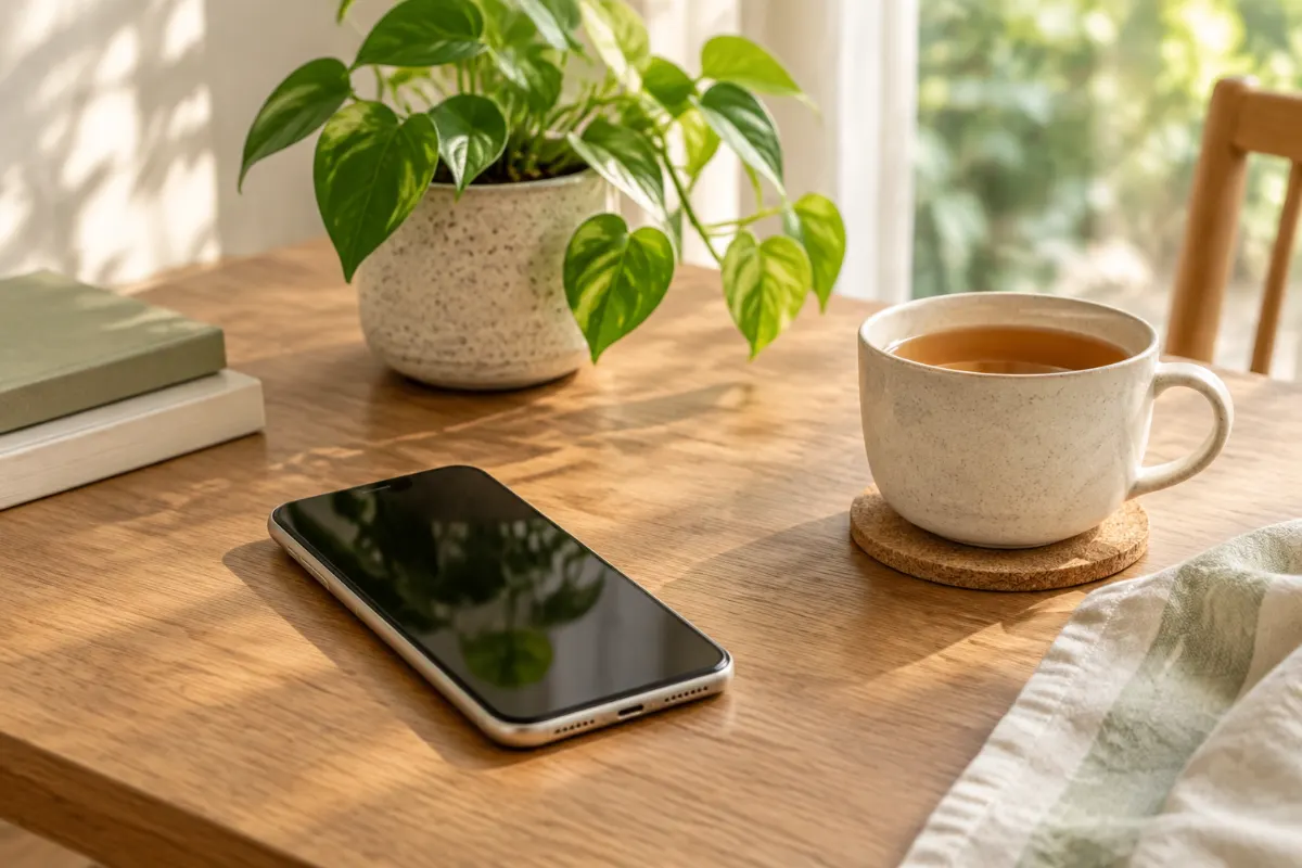 Smartphone écran éteint posé sur une table en bois à côté d’une tasse de thé et d’une plante