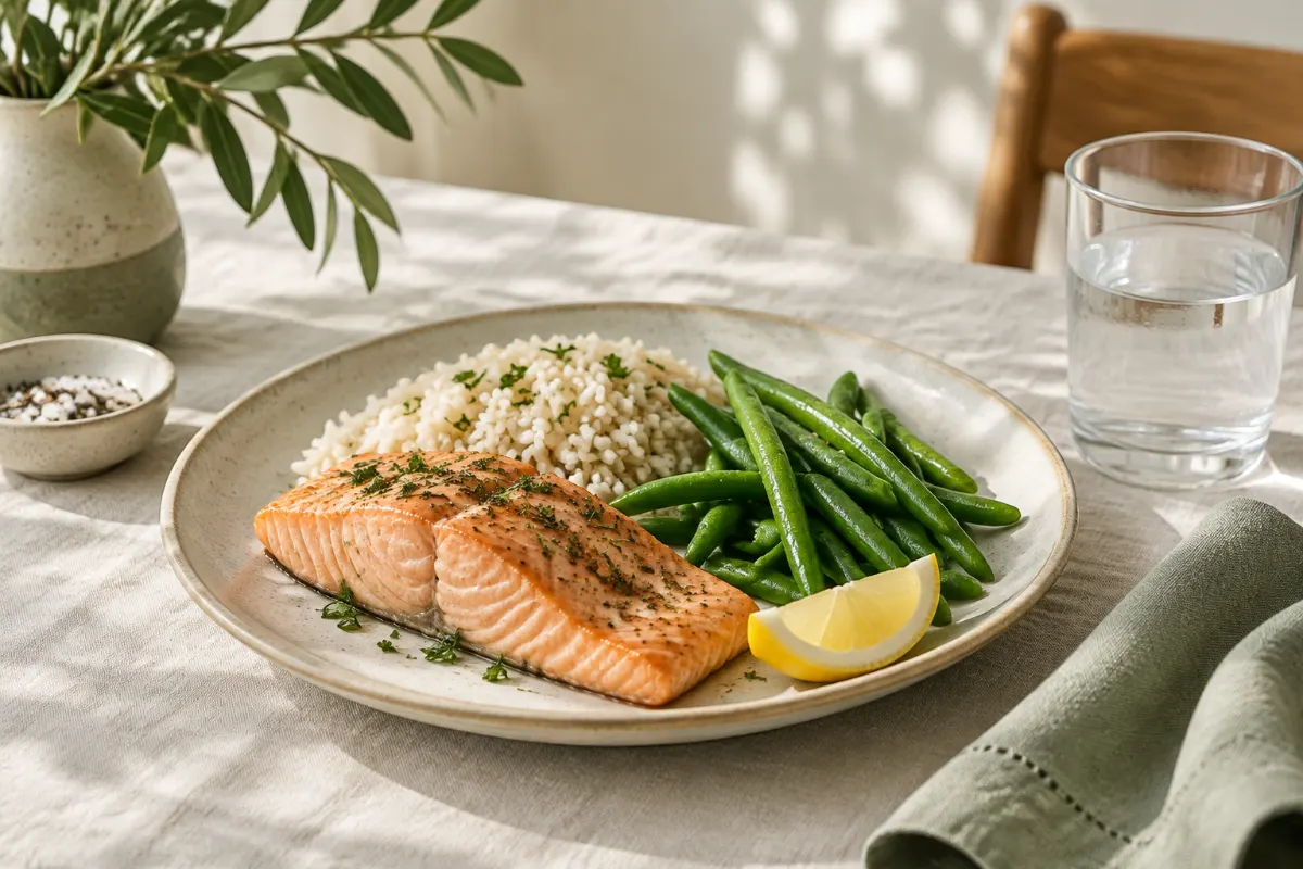 Assiette équilibrée avec saumon cuit, riz et haricots verts pour une femme enceinte