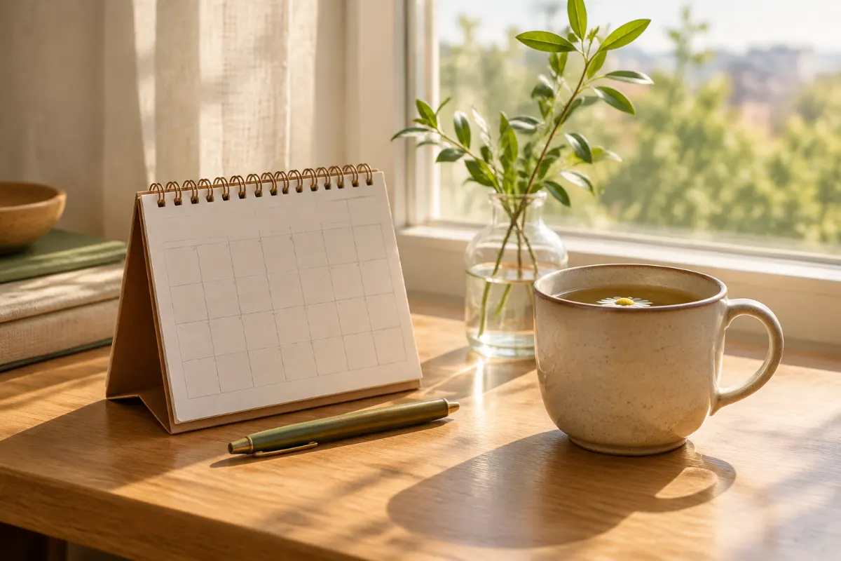 Calendrier de bureau, tisane et petit vase près d’une fenêtre pour patienter avant le test